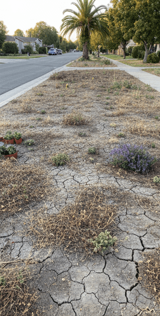 A parkway dried up and filled with weeds before converting into a native garden.