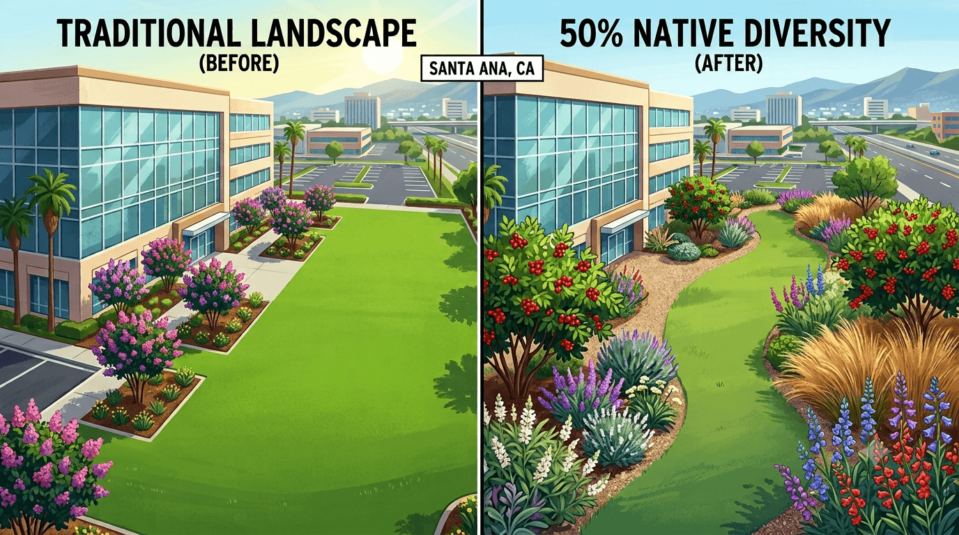 Una representación de un paisaje corporativo en Santa Ana con los estándares actuales, comparado con la ordenanza en vigor