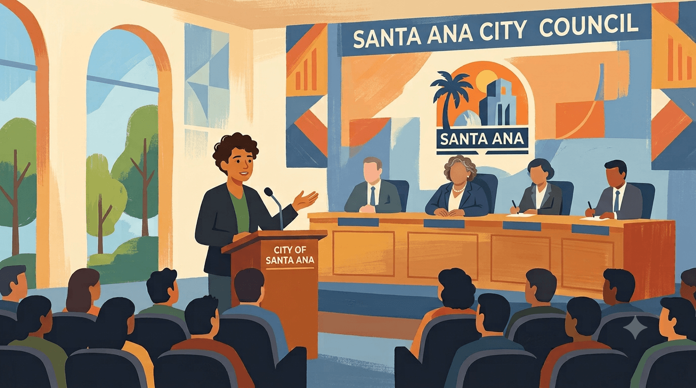 Una representación de un residente hablando ante el Concejo Municipal de Santa Ana